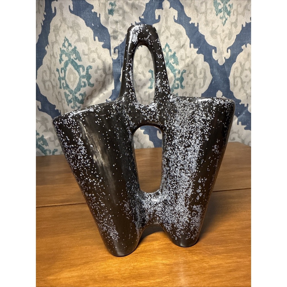 Vtg 1982 Handmade Ceramic Double Vase Signed  Speckled Black & White Glaze